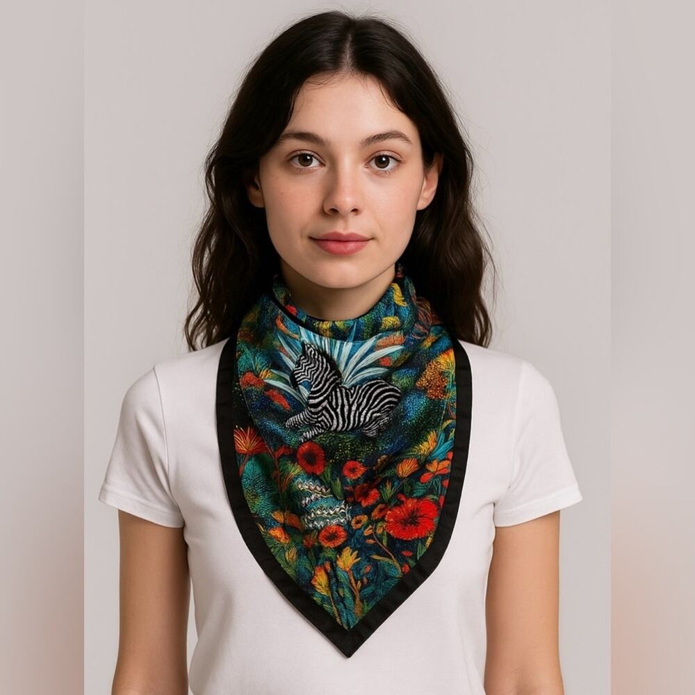 Vibrant Zebra & Floral Print Women’s Scarf 100% Polyester 35”x34” NWT